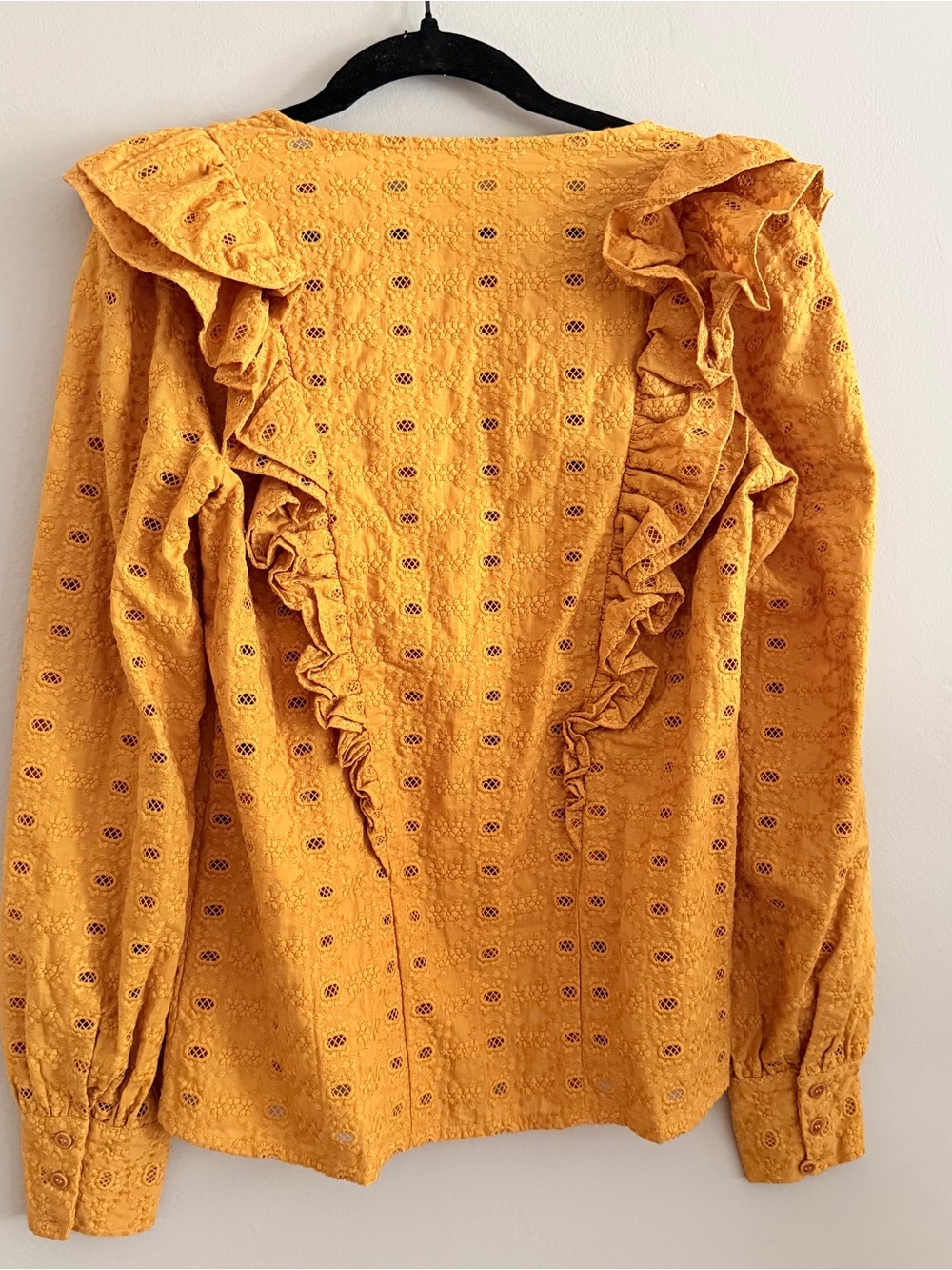 Sezane Paris Mustard Ruffle Eyelet Blouse - Women's Top - Picture 3 of 5
